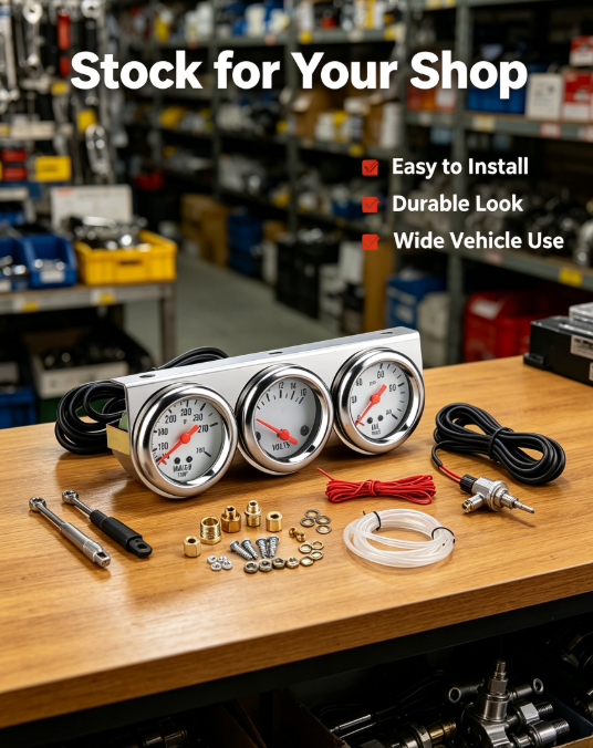 Chrome 3-in-1 Triple Gauge Kit – 2" 52mm with Oil Pressure, Water Temp & Ammeter, White Face