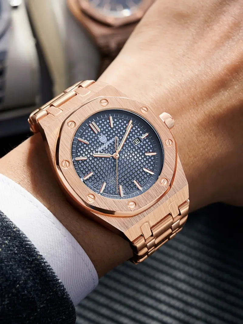 Men's Stainless Steel Quartz Watch – Waterproof, Luminous Dial with Date Display, Analog Design, Durable for Daily Wear