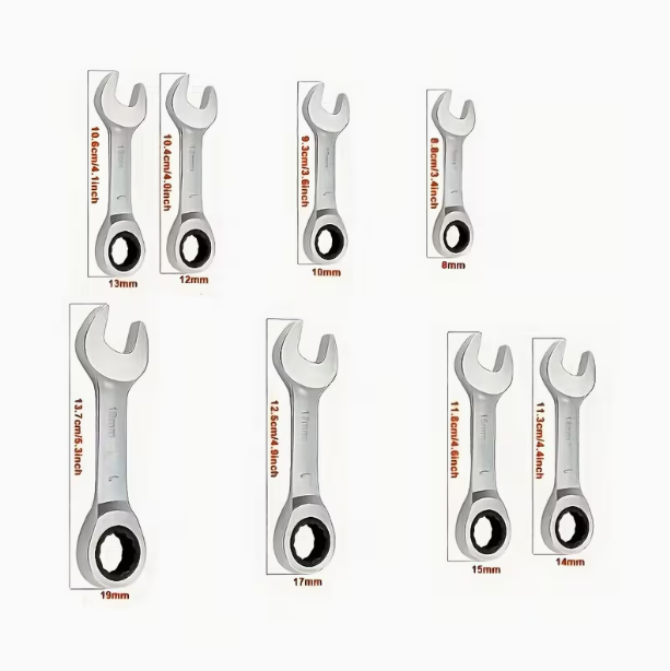 8-Piece Ratchet Wrench Set – Short Handle, Metric, Chrome Vanadium Steel, 72-Tooth, Sizes 8/10/12/13/14/15/17/19mm, with Storage Case