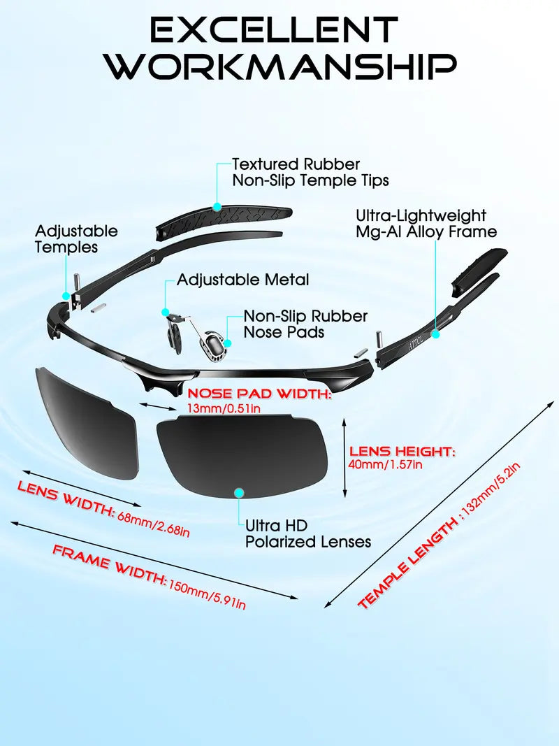 Men's UV400 Polarized Sunglasses - Ultra-Light Al-Mg Metal Frame, 99% UVA and UVB Blocking Sports Eyewear for Golf, Fishing, Driving and Running