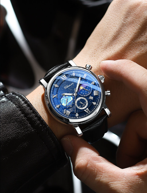 Sun Moon Star Multifunctional Men's Quartz Watch – Calendar, Chronograph, PU Leather Strap, Casual Style