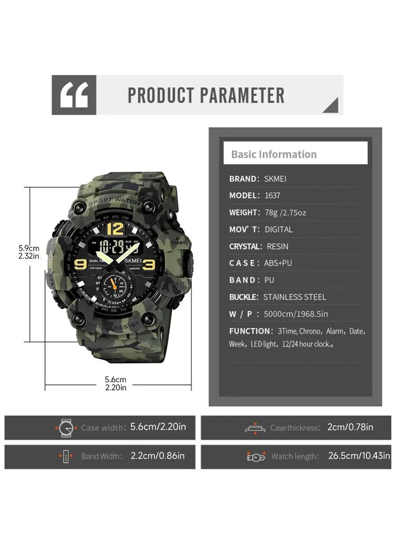 Men's Large Digital Sport Watch – Multifunction, 50m Waterproof, EL Backlight, Dual Time Zone, Resin Case & Silicone Strap, for Daily Wear & Outdoor Activities