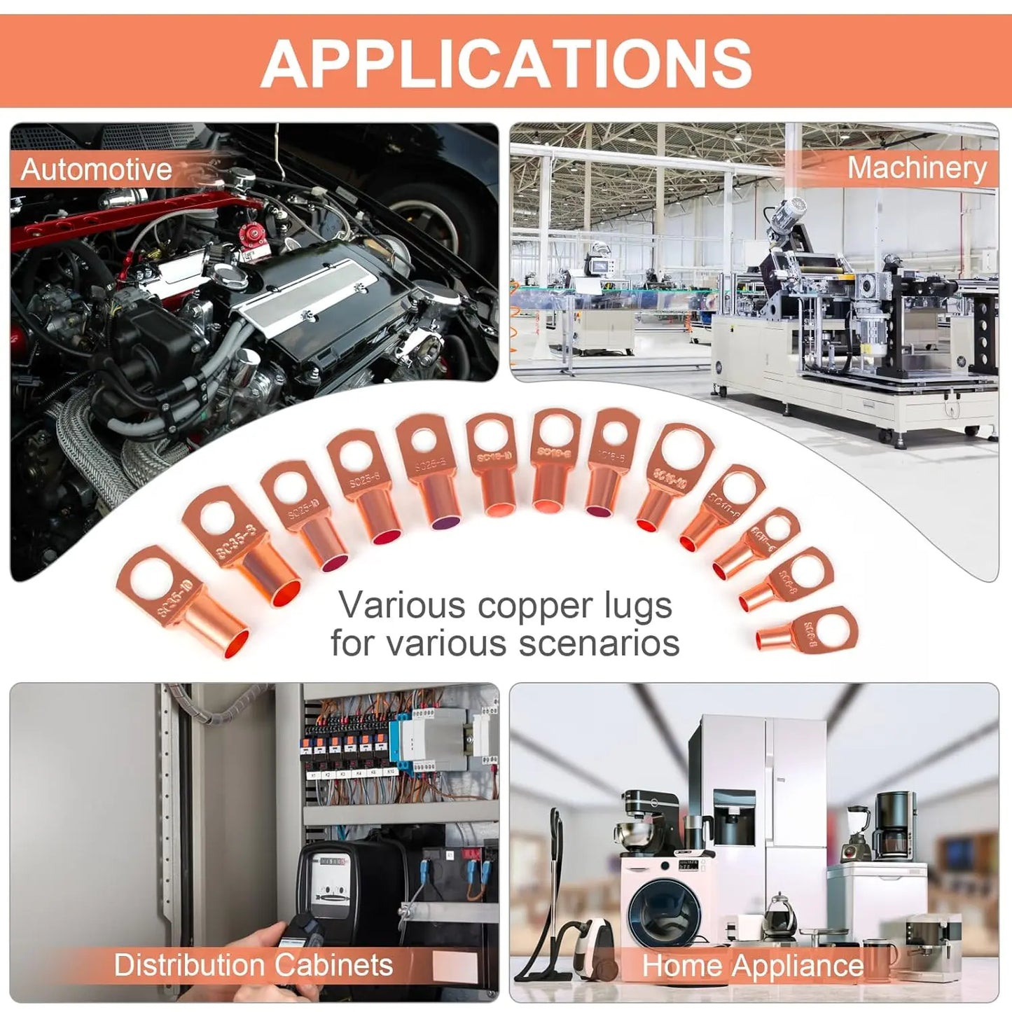 260-Piece Terminal Connector Kit – Copper Wire Lugs, Heat Shrink Tubing & Ring Terminals for AWG 12–2 Cable, Includes 120 Battery Lugs & 140 Heat Shrink Tubes