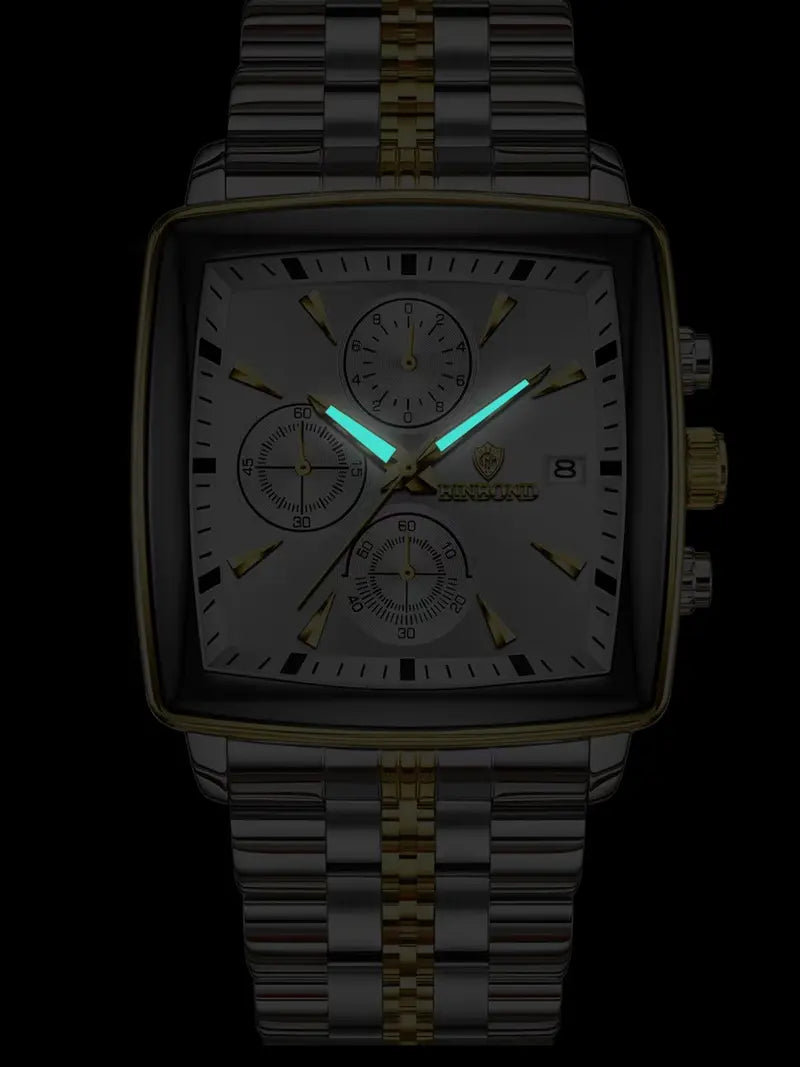 Men's Multifunctional Square Analog Quartz Watch – Stainless Steel Strap, 3-Eye 6-Hand Chronograph Dial, Business Fashion Style
