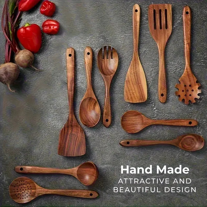10pcs/set Natural Wood Kitchen Utensil Set, Wooden Cooking Tools with Ergonomic Handles, Heat-Resistant Spoons Pans Spatulas for Induction Cookers