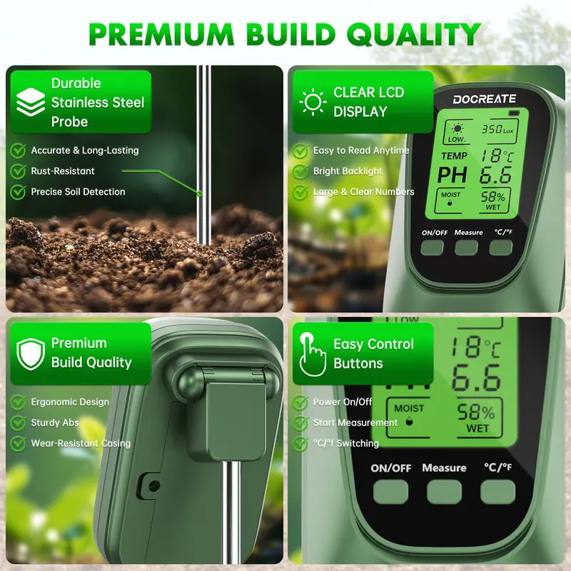 4-in-1 Soil Moisture-PH Tester - Sunlight & Temperature Monitor, No-Setup Easy-to-Use Garden Soil Test Kit for Indoor Plants, Supports Consistent Care, Prevents Growth Issues