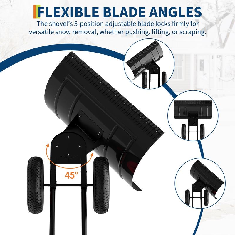 Large 30" W X 18"H Snow Shovel Pusher for Driveway, Metal Snow Pusher with Wheels, Ergonomic Snow Pusher Shovel with Snow Removal Adjustable Angle & Height Handle for Driveway, Double Rod