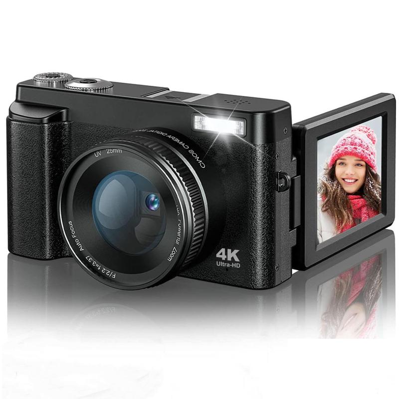 GLOBAL PICK 4K Digital Camera, 48MP Vlogging Photo Camera, Compact Electronics 16X Zoom Camera with Flip Screen, 32G SD Card, Summer Gift, Portable Camera with Dual Batteries / Single Battery, Black