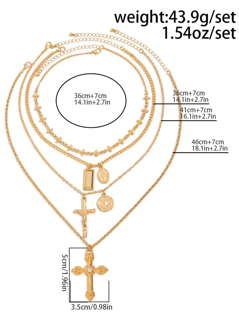 4-Piece Vintage Metal Geometric Circle Pendant Layered Necklace Set, Women's Punk Style Jesus Cross Pendant Jewelry, Unique Fashion Accessories, Jewelry Accessory, Fashion Jewelry Party