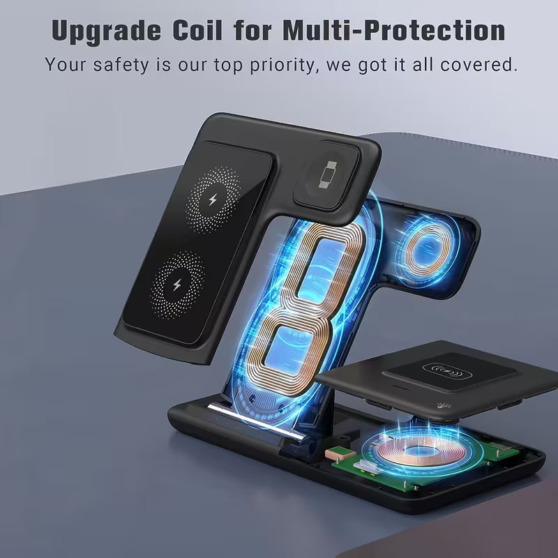 Z11 Foldable 3‑in‑1 Wireless Charger 20W Fast Charging Stand – Multi‑Device Charging for Phone, Watch & Earbuds, Compatible with iOS & Android
