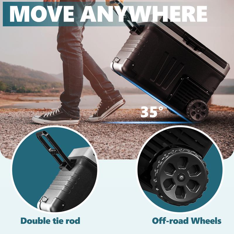 12V Refrigerator (37Quart /35L) supports 12V/24V DC & 110-240V AC. Portable with -4°F~68°F range, it features wheels, 2 baskets, and large cooling zone. Ideal for RVs, travel, Truck, Boat