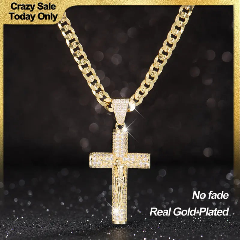 14K gold plating-Plated Cross Necklace for Men, Advanced Nanotech Tarnish-Free Cuban Figaro Rope Miami Chains with Jesus Crucifix Pendant, 24” Long , Christian Religious Jewelry Gift