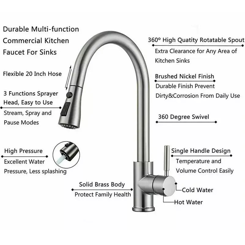Brushed Nickel Kitchen Faucet with Pull Down Sprayer, High Arc Single Hole Kitchen Sink Faucet with Sprayer, Commercial Modern Pull Out Stainless Steel Kitchen Faucet