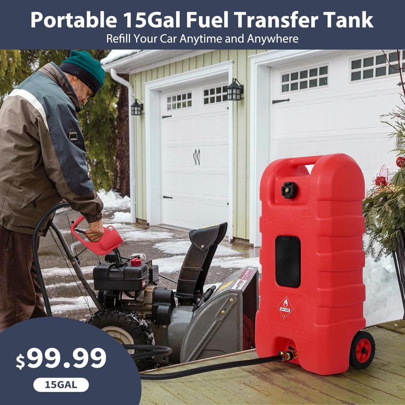 15 Gallon Portable Fuel Caddy with Siphon Pump and 10ft Hose - Ideal for Gasoline and Diesel Storage on Wheels for Cars, Lawn Mowers
