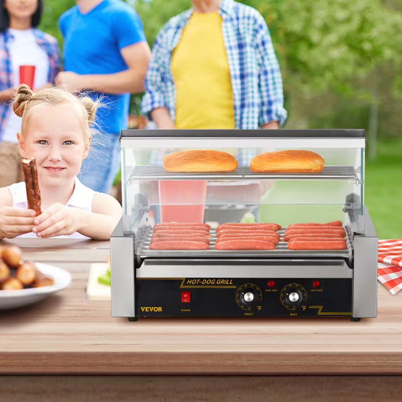 7-Roller Hot Dog Machine – 18 Hot Dogs, 1400W, Dual Temp Control with Bun Warmer & Glass Hood