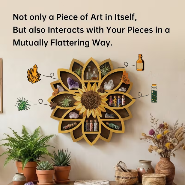 Wooden Sunflower Floating Shelves – Wall-Mounted Organizer with UV-Printed Spiritual Decor, Gemstones, Essential Oils & Meditation Art, Multi-Functional Storage for Living Room & Meditation Space