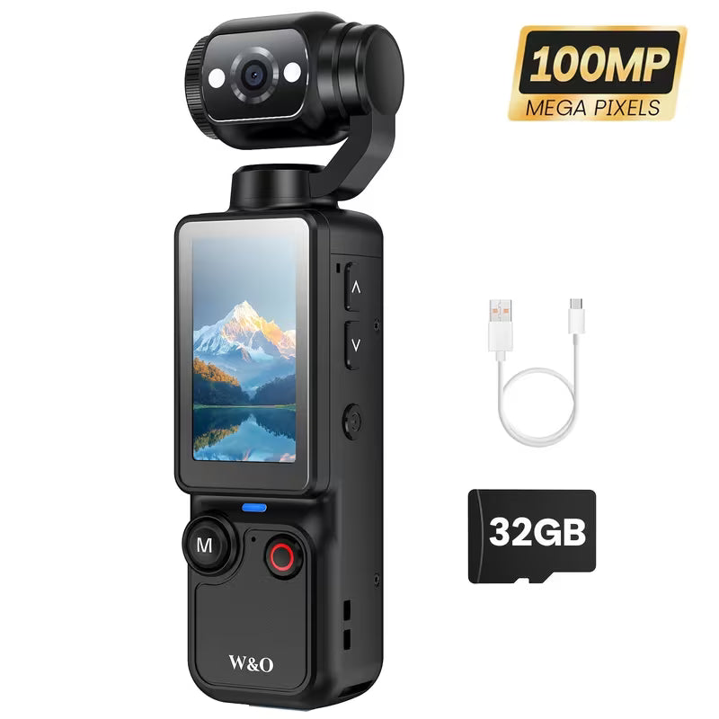 4K HD Pocket Camera, 180° Rotating, 100W Pixel, 2000mAh Battery, 1.9-Inch Screen, Webcam, USB-C Charging, 32G Memory Card, Mini Outdoor Sports Camera for Cycling