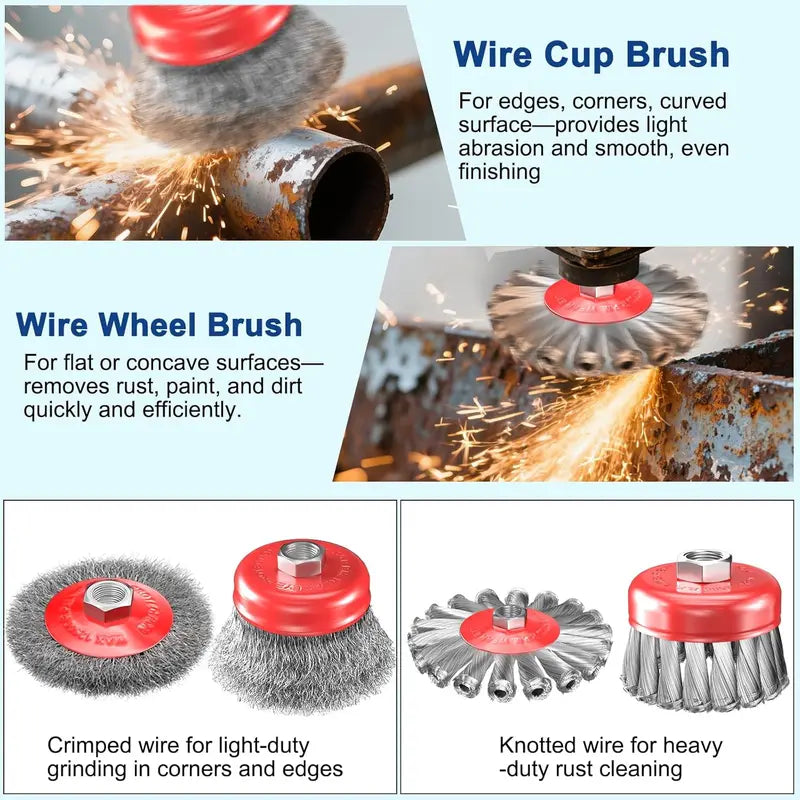7-Piece Carbon Steel Wire Wheel Brush Set - 3"-4" Knotted and Crimped Cup Brushes, M14 Threaded Arbor for Angle Grinders