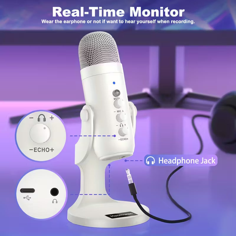 USB Condenser Microphone – Plug & Play with Type-C, Headphone Out, Gain & Mute Control for Streaming