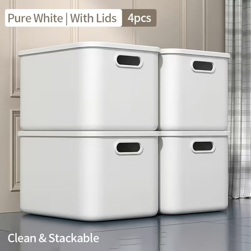 4pcs Large Storage Bins – White Square Boxes with Handles, Lid Included, for Clothes & Tools, Free Shipping, Father's Day Gift!