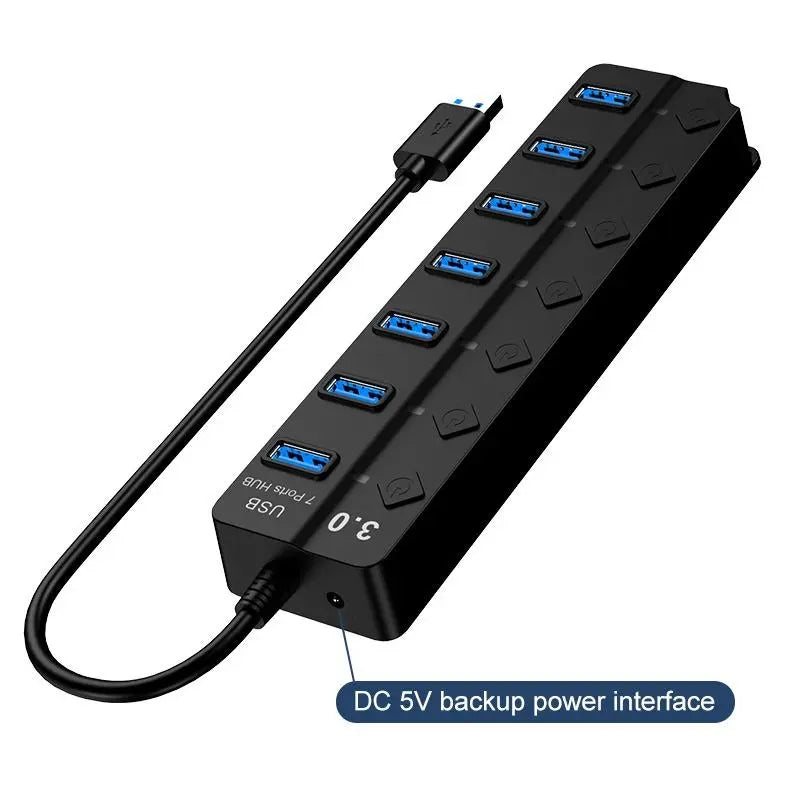 7-Port USB Hub - Multifunctional USB Splitter with Independent Switches, Universal USB Extender Adapter for Laptops and Multiple Devices