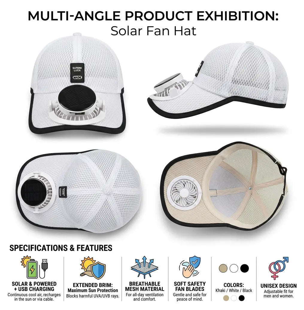 3-Pack Solar Powered Fan Sun Hat - Wide Brim Cooling Cap with Built-In Fan, Breathable Outdoor Summer Hat for Gardening, Fishing, Camping and Travel