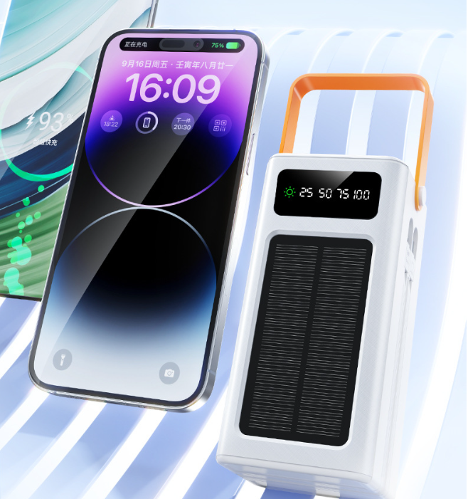80000mAh Solar Power Bank with Flashlight – Fast Charging, USB-C, Built-in Cables, Digital Display – for iPhone, Android & Camping Gear