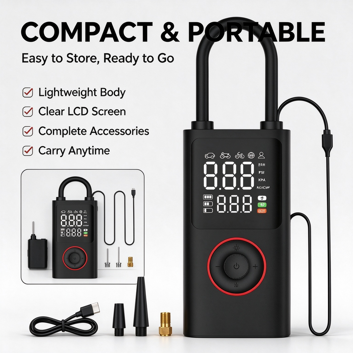 Portable Car Air Pump - Lithium Battery Model for Car, Bicycle & Electric Tires, Handheld Cordless Air Pump with Fast Inflation