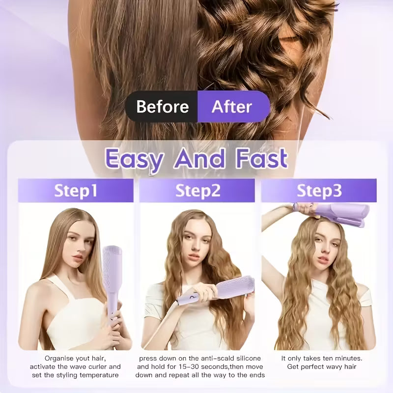 UK Plug 32mm Wave Curling Iron – Adjustable Temp, Deep U-Shaped Curls (Purple)
