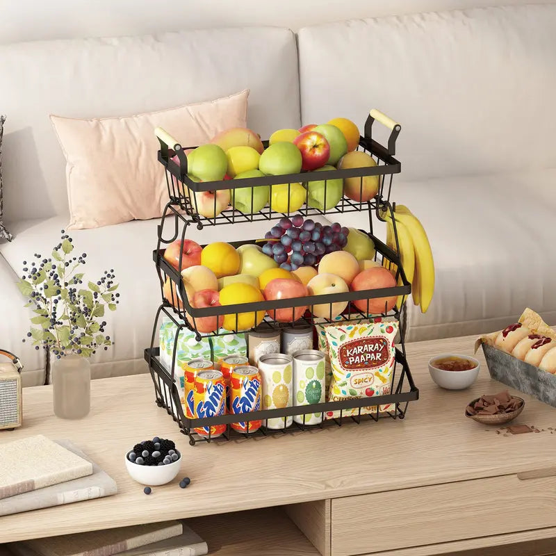 3-Tier Metal Fruit & Vegetable Storage Basket with Hooks – Space-Saving Kitchen Organizer for Countertop, Pantry & Bathroom, Heavy Duty & Rust-Proof Design