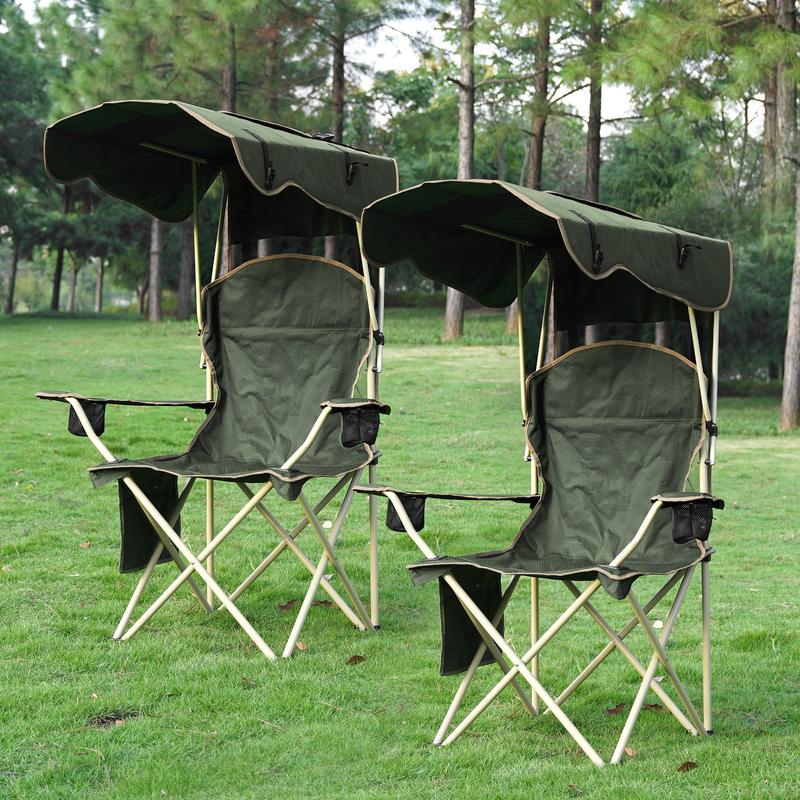 New Upgrade Wide outdoor chair, camping chair with foldable sunshade, suitable for beach camping, foldable outdoor fishing/sports | Comes with two cup holders and storage bag