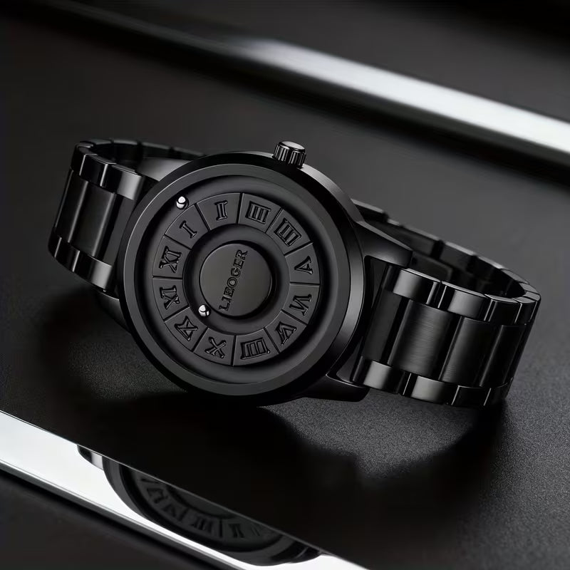2026 Hot Selling Creative Rolling‑Steel‑Ball Men Quartz Wrist Watch, No‑Glass Touch‑To‑Read Dial, Retro Business Fashion Black Steel Band Men’s Watch