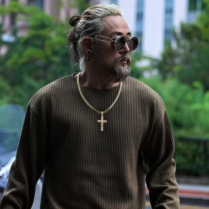 14K gold plating-Plated Cross Necklace for Men, Advanced Nanotech Tarnish-Free Cuban Figaro Rope Miami Chains with Jesus Crucifix Pendant, 24” Long , Christian Religious Jewelry Gift