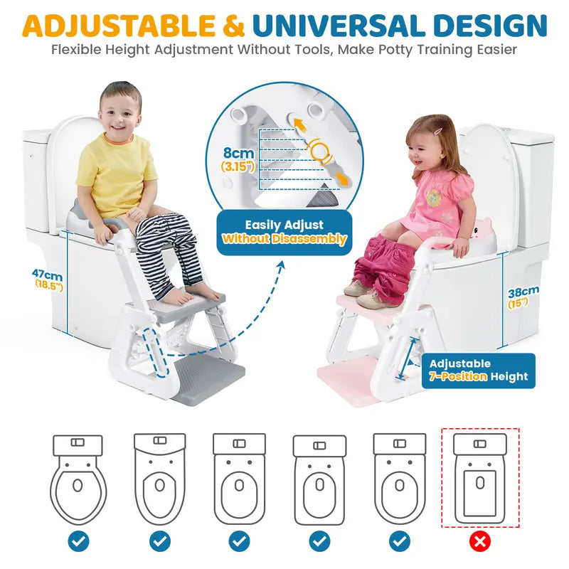 2-IN-1 Potty Training Toilet Seat with Step Stool for Toddler, Stability Training Potty Seat for Kids Boys Girls with Splash Guard and Anti-Slip Pad, Adjustable Ladder & Potty Seat Height, Grey