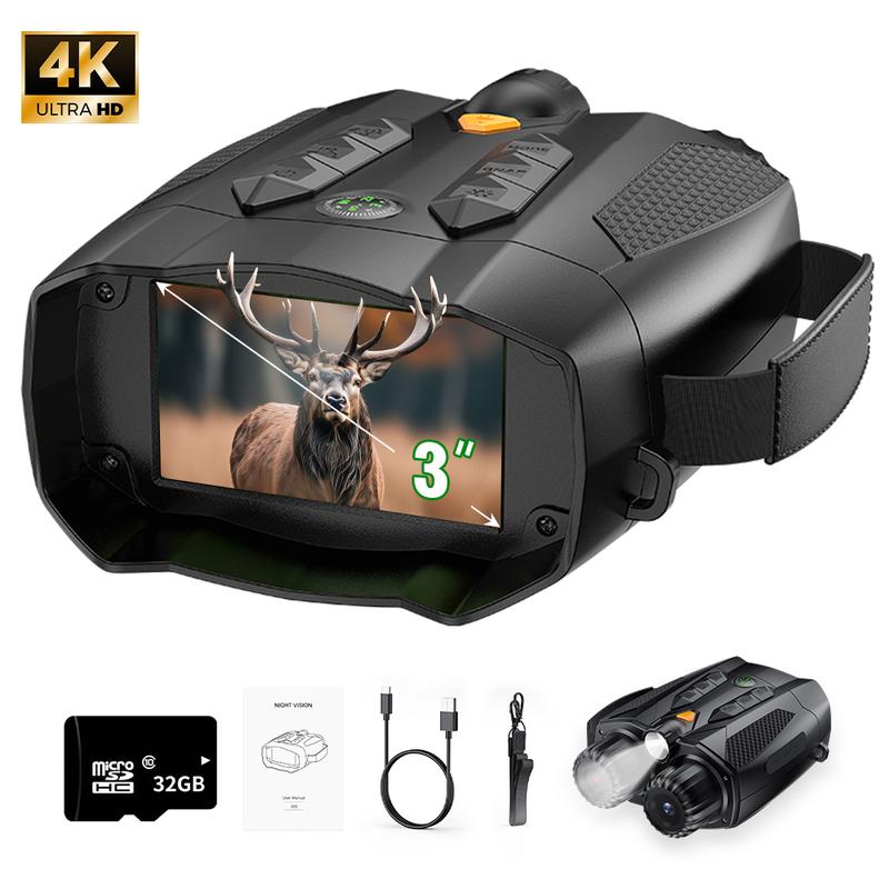 3.0 Inch 4K Night Vision Binoculars With 32GB SD Card, Rechargeable, Digital Electronic Gifts - Hunting Gifts for Men/Dad/Husband - Cool Tech Gadgets for Camping/Boating, 10X, Camera