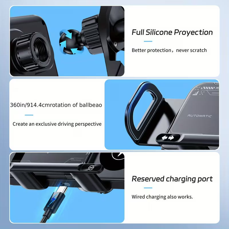 15W Wireless Car Charger Mount, Electric Auto-Clamping Holder, Adjustable Horizontal & Vertical Angle, Fast Charging, Fits Galaxy Z Fold6/Fold5/Fold4/Fold3/Fold2, iPhone 16/15/14/13/12 Pro Max, 4.3"-6.9" Smartphones