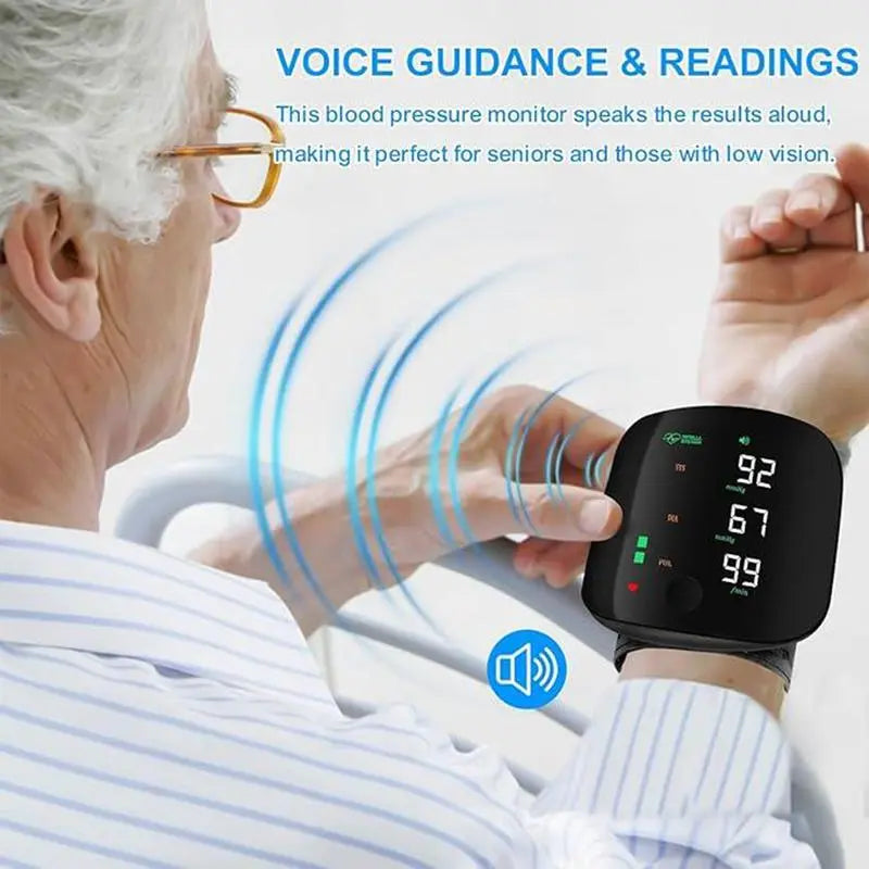 Wrist blood pressure monitor, rechargeable blood pressure monitor for home use, LED display, voice broadcast, wrist measuring instrument, touch screen wrist blood pressure cuff, 99x2 reading memory wrist blood pressure monitor, with carrying case.