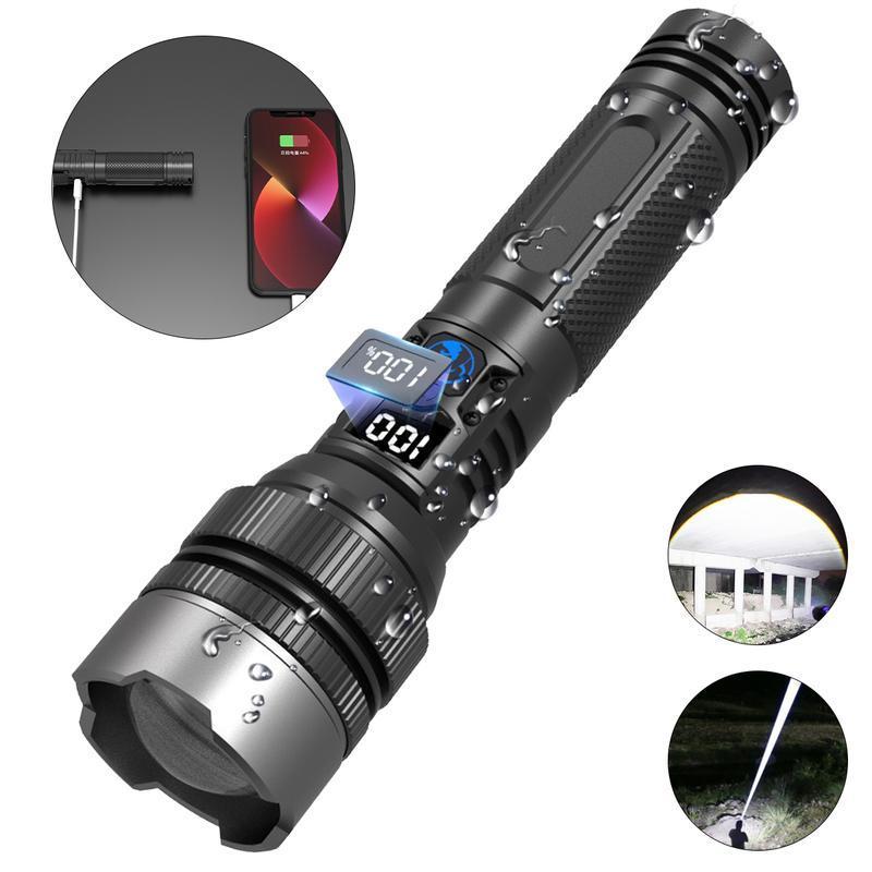 EXOVAN 2-in-1 Strong Flashlight (Power Bank),Digital display of power, Rechargeable,Zoomable, , X4Waterproof, Adjustable Brightness Flash Light for Outdoor, Emergency, Camping Accessories,Black