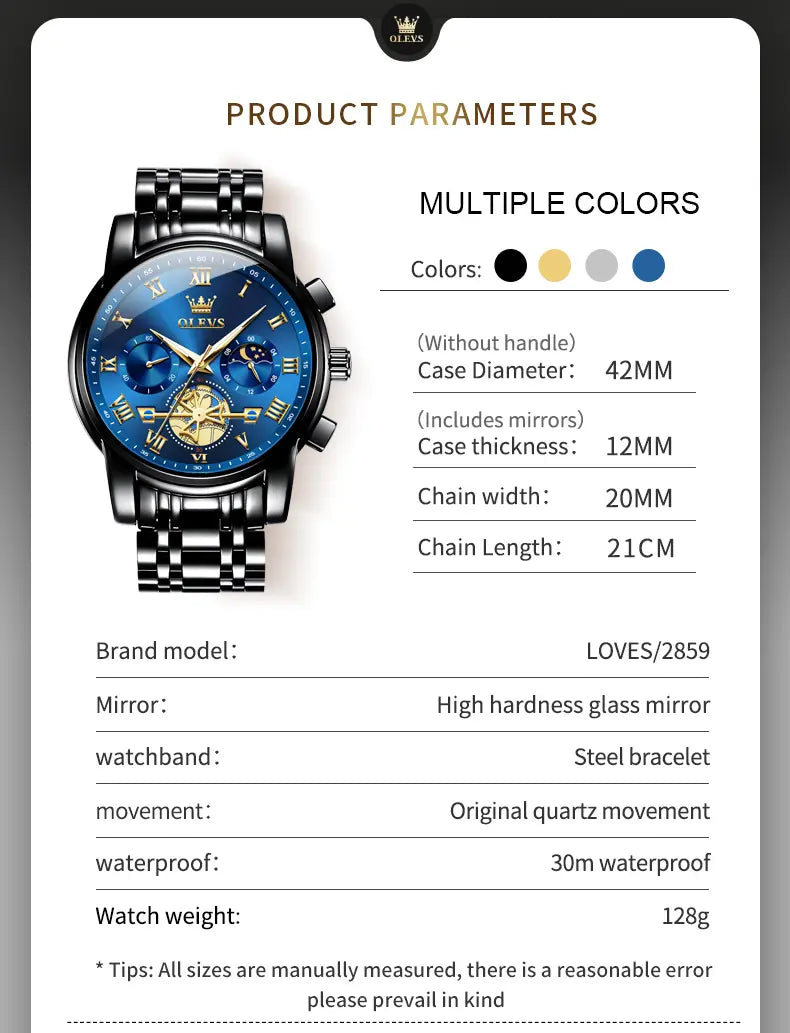 OLEVS G2859 Men's Chronograph Business Dress Quartz Watch – Stainless Steel, Waterproof, Luminous, Date Display, Casual Round Dial