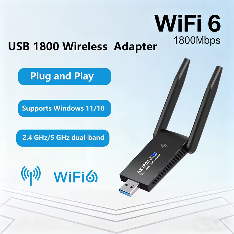 WiFi6 USB Adapter – 1800Mbps Dual-Band, 5.8G/2.4G, Plug-and-Play for Desktop & Laptop (Windows 10/11)