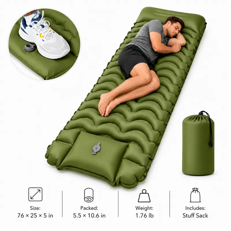 5-Inch Extra Thick Camping Sleeping Pad with Built-in Foot Pump – Pillow & Mat Included, 60-Second Inflation, 800lbs Support, Ultralight Compact for Backpacking, Hiking & Camping