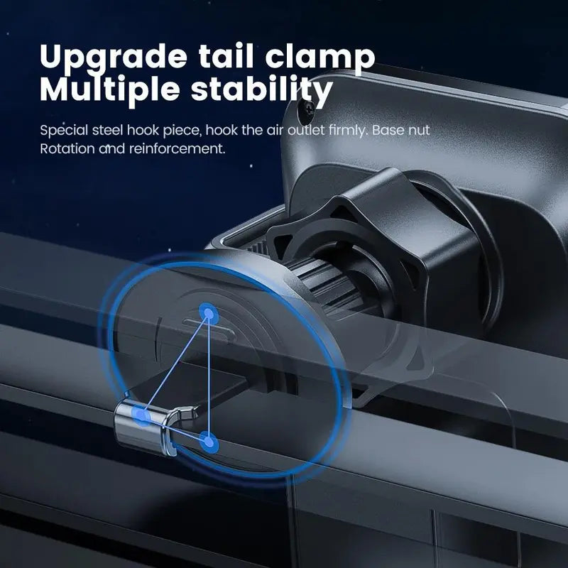 Car Phone Holder with 15W Wireless Charger – 360° Rotation, Multi-Angle Adjustment, Magnetic Mount for Smartphones