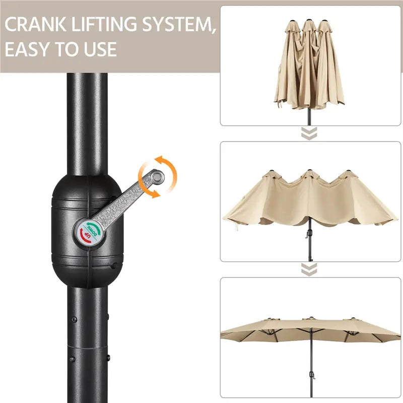 【On Sale】 15ft Heavy Duty Canopy Double Layer Cloth Patio Umbrella with 12 Ribs Hand Crank for Easy Opening 2 Sandbags Outdoor Design for Garden Pool and Lawn