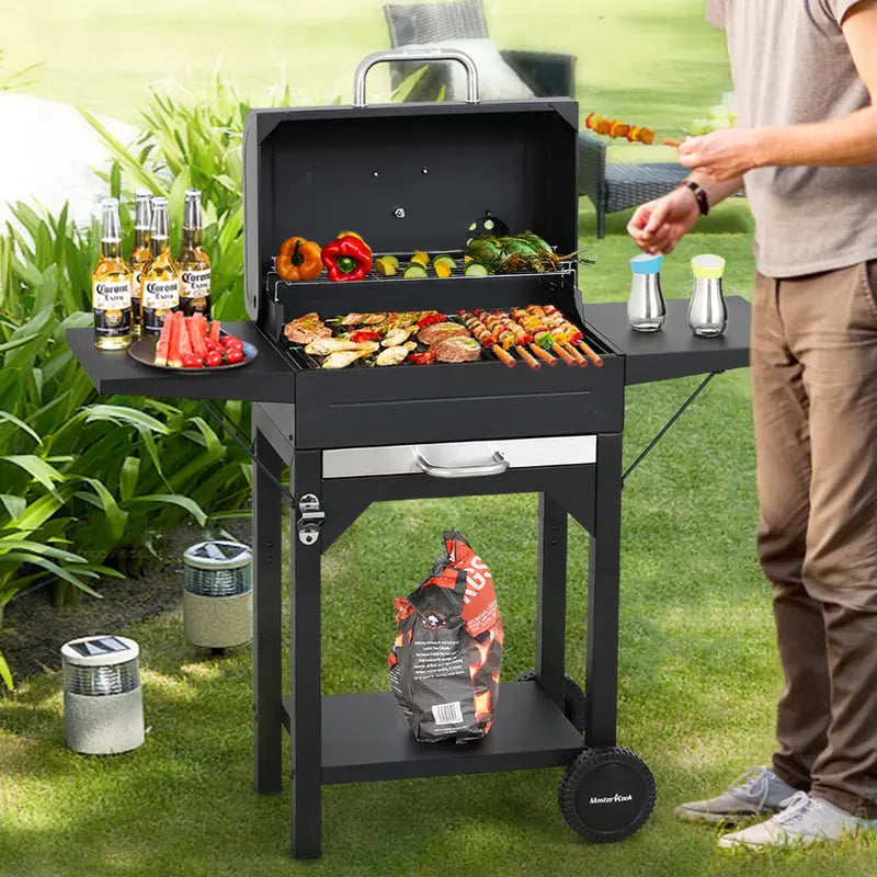 MASTER COOK Charcoal Grill with Two Side Tables, Heavy-duty Steel Barbecue BBQ Grill for Outdoor Picnic Backyard Patio and Parties, Black