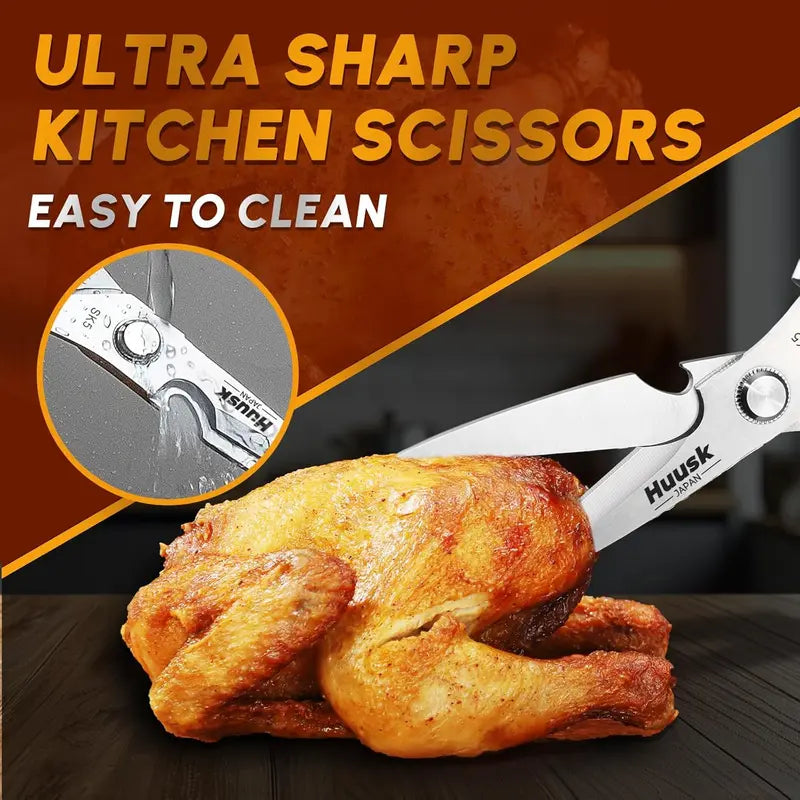 Kitchen Scissors All Purpose -FallFreshness- Stainless Steel Kitchen Shears, Sharp Silver Meat Scissors, Dishwasher Safe, Heavy Duty Poultry Shears, Japanese Cooking Scissors for Food, Chicken Bones, and Turkey – Perfect Father's Day Gift!