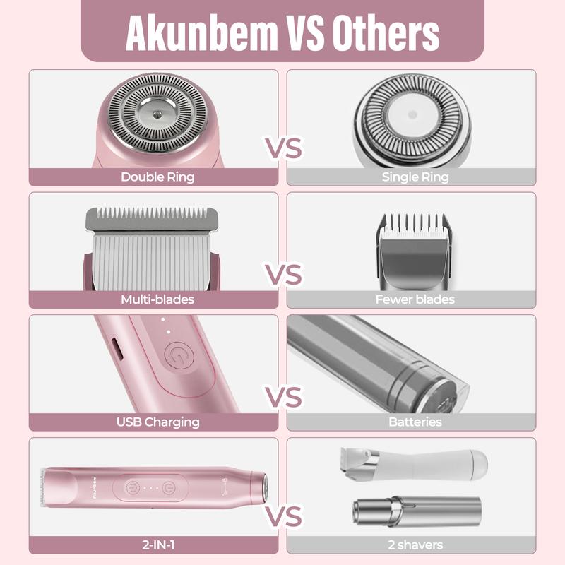Akunbem Bikini Trimmer for Women, Electric Shaver and Razor Rechargeable 2-in-1 Body and Facial Epilator, Dual Heads for Painless Trimming of Pubic Hair, Face, Underarms and Legs, IPX7 Waterproof. Christmas Gift New Year Gift Shaving Grooming
