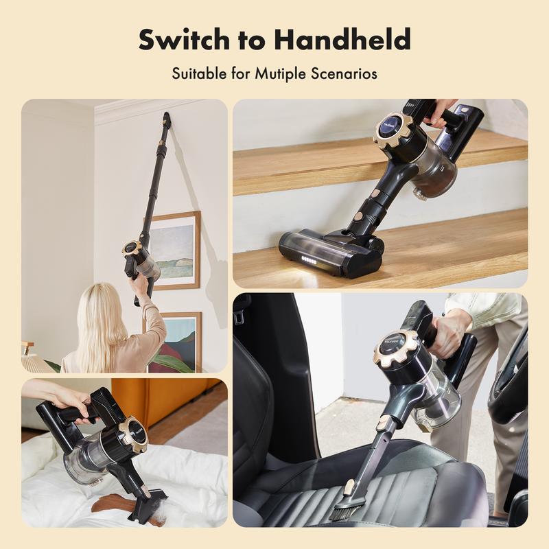 cordless vacuum features an 8-in-1 lightweight design with up to 45 minutes of runtime and 33Kpa of powerful suction. This rechargeable cordless vacuum is ideal for carpets, tiles, pet hair, and hardwood floors.