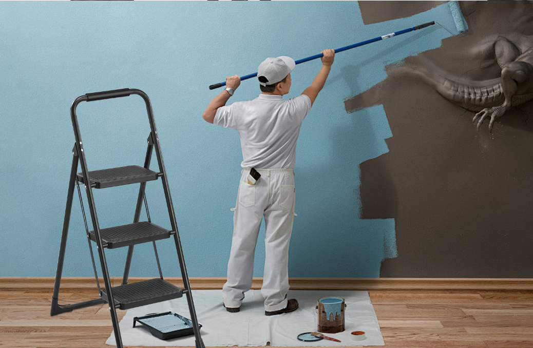 Step Ladder, Foldable Stool with Wide Pedal, Cushioned Handle, 800lbs Capacity for Home Kitchen and Outdoor, Black