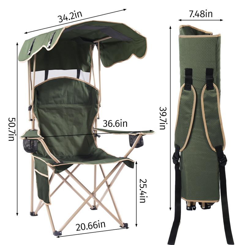 New Upgrade Wide outdoor chair, camping chair with foldable sunshade, suitable for beach camping, foldable outdoor fishing/sports | Comes with two cup holders and storage bag