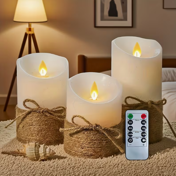 3-Pack Flameless LED Candles with Remote Control – Flickering Warm Light, Hand-Tied Jute Rope, Battery-Powered, for Romantic Atmosphere & Home Decoration